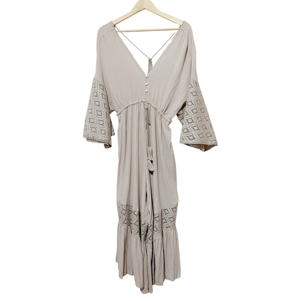 Boho Beige Embroidered Tie-Waist Jumpsuit & Romper - Picture 2 of 6